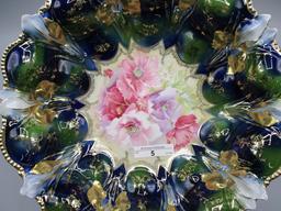 RS Prussia 10.5" 10 iris mold cobalt bowl w/ green and cobalt domes. Poppy