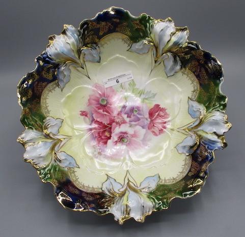 RS Prussia 10.5" Iris Mold bowl w/ Poppy decor in center and cobalt hi-ligh