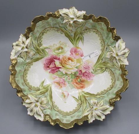 RS Prussia 10.5" Lily Variation mold floral bowl w Roses & Poppy decor. Gol