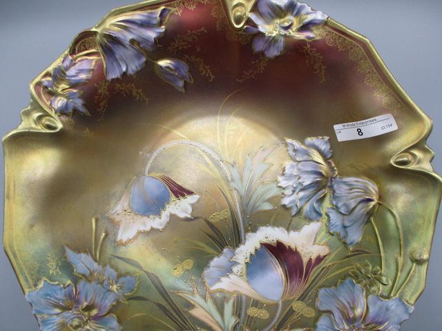 RS Prussia 11" Tiffany Finish bowl w/ blown out Poppy's and gold traced Pop