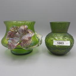 2 Loetz/ Kralik art glass vases. both with cut tops as expected. approx 4"