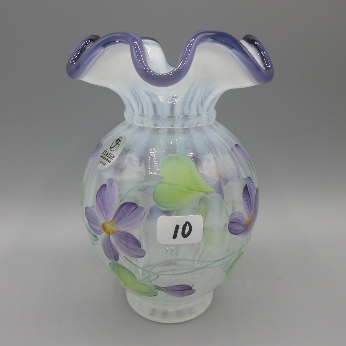 Fenton French opal. Rib Optic plum crest vase 6" HP