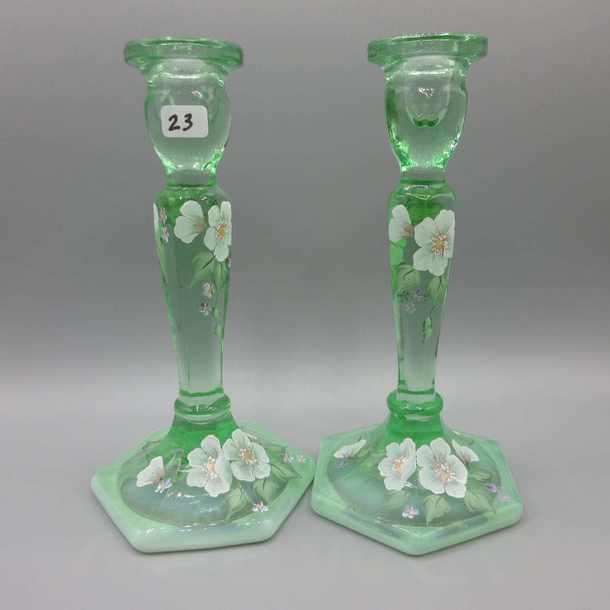 Fenton green candlesticks-8.5" handpainted