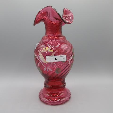 Fenton 9" HP Cranberry Swirl Vase - Anderson