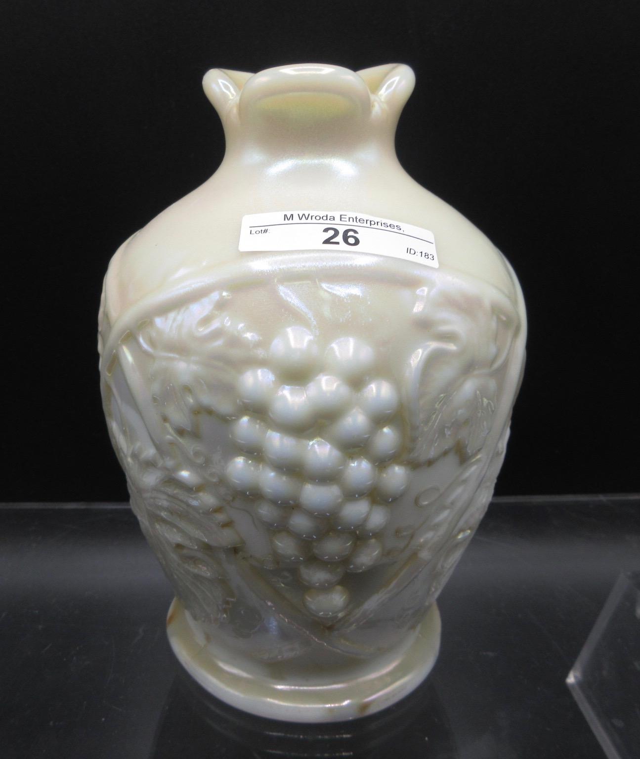 US Glass Palm Beach 7" pearlized milk glass bulbous pinched top vase.