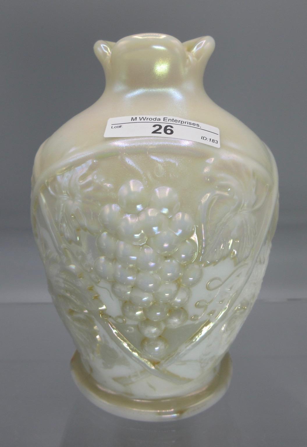US Glass Palm Beach 7" pearlized milk glass bulbous pinched top vase.