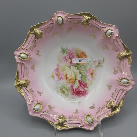 RS Prussia 10.5" Ribbon  Jewel mold floral bowl w/ mixed florals