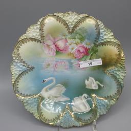 RS Prussia 9" plate w/ swans and reflecting flower decor.