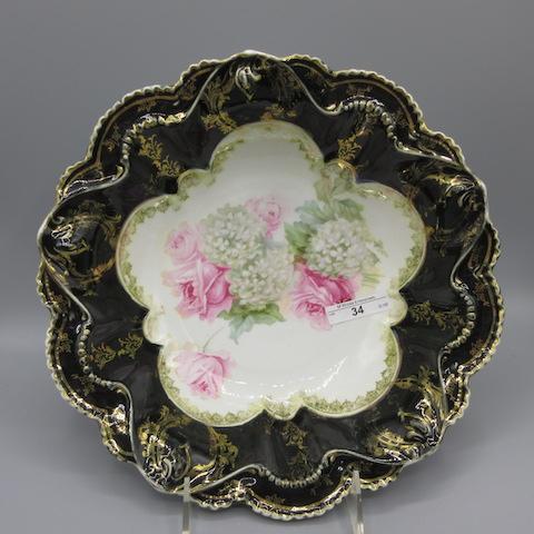 RS Prussia 10.5" bowl w/ black border, roses & snowball decor