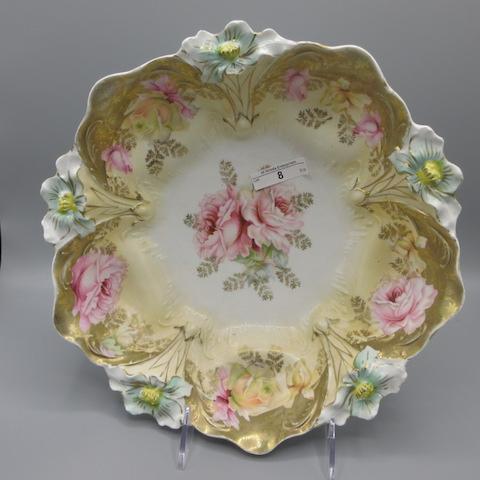 RS Prussia 10.5" lily mold floral bowl w/ pink roses. UM