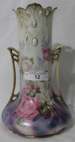 RS Prussia 8" 2 handled satin finsih vase w/ roses and opals. Top edge look