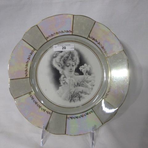 Unmarked 9" plate w/ Girl holding easter lilies in negative transfer. WELL