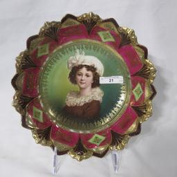 RS Prussia 10" sawtooth mold bowl w/ Lebrun portrait. Nice gold and mauve d