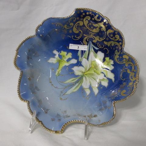 RS Prussia mold 343 10.5" cobalt square bowl w/ jonquil florwers outlined i