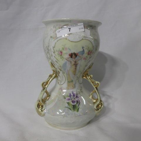 ES Germany 8" 3 handled vase w/ Lady & Peacock decor and pearl finish.