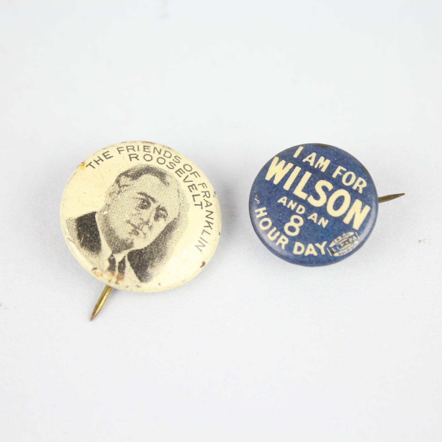 2 Vintage Celluloid Pins Presidential Pinback Roosevelt & Wilson