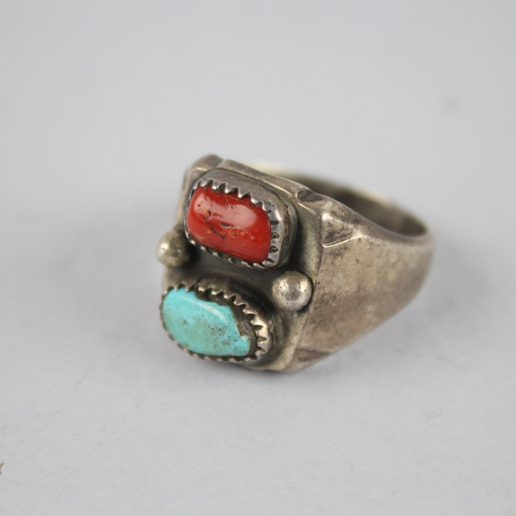 Vintage Navajo Old Pawn Men's Sterling Silver Turquoise & Coral Ring Sz 12