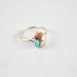 Vintage Sterling Silver Navajo Turquoise & Coral Ladies Ring Sz 9