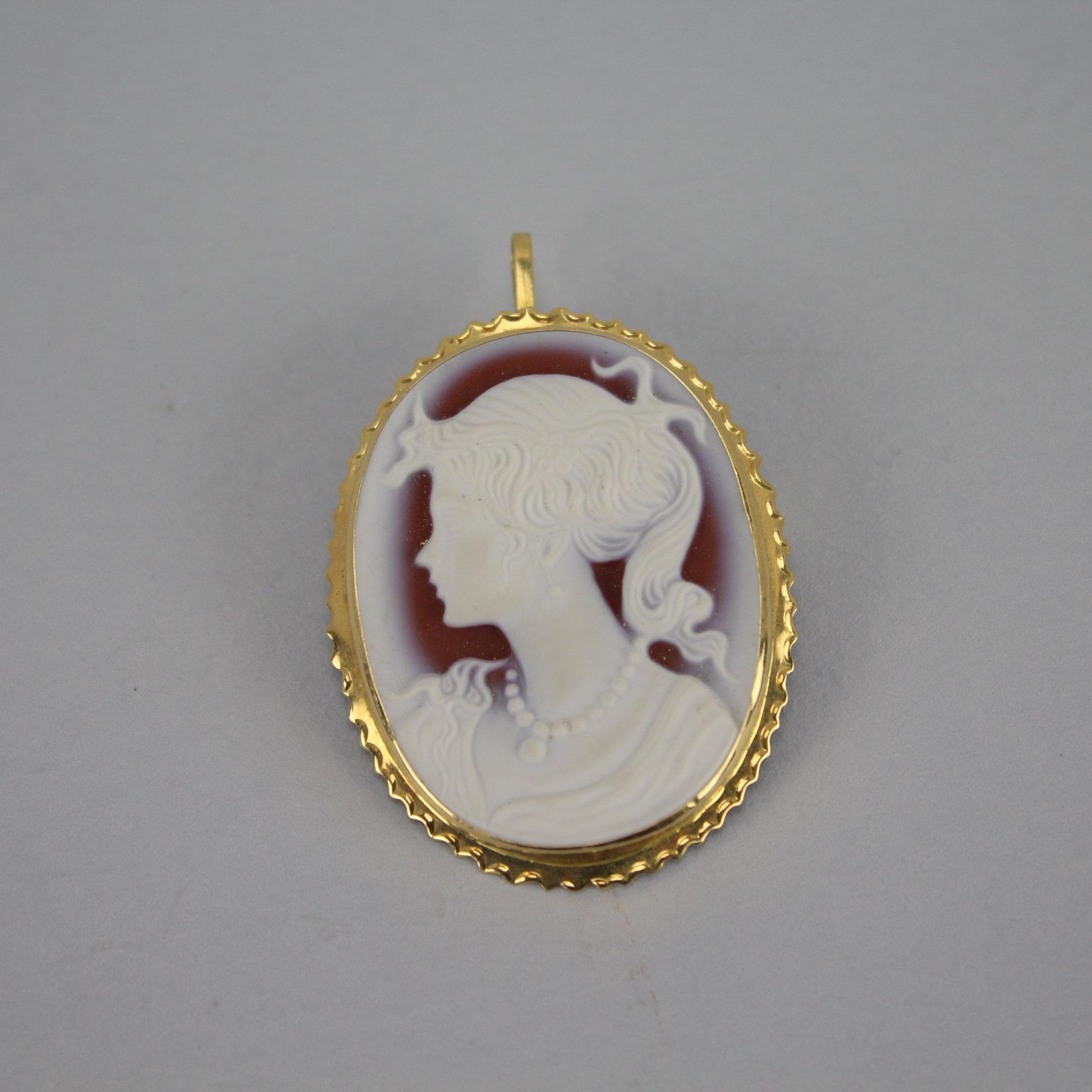 18k Yellow Gold Hand Carved Cameo Pin or Pendant