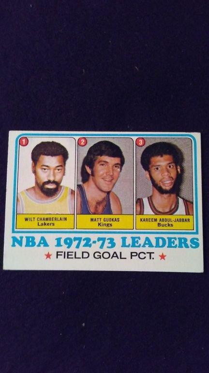 1973 TOPPS BASKETBALL NBA LEADES CARD CHAMBERLAIN JABBAR GUOKAS #155