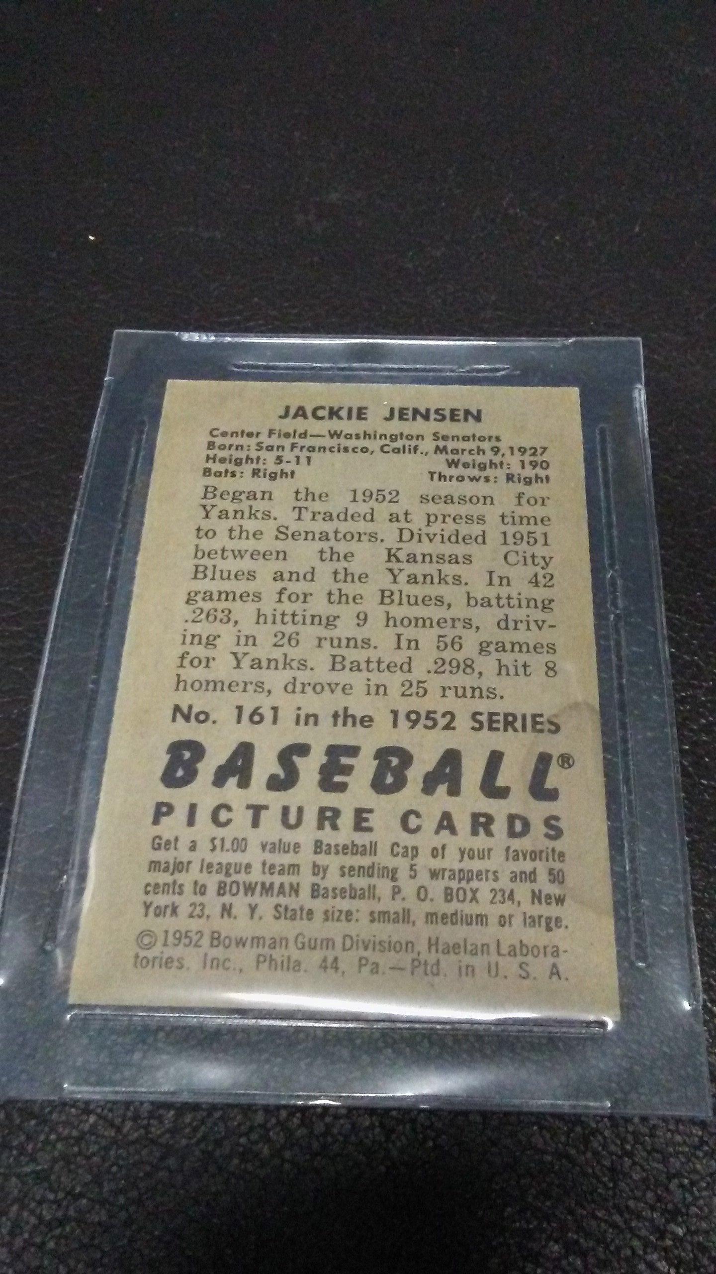 1952 Bowman Baseball Jackie Jensen #161