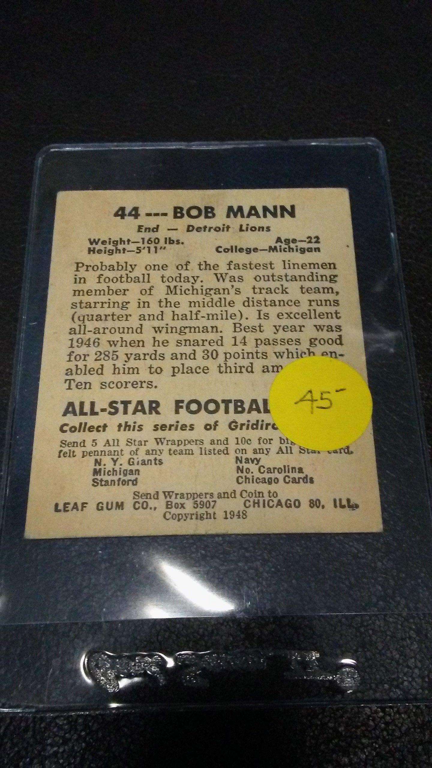 1949 Leaf Football Card Bob Mann #17