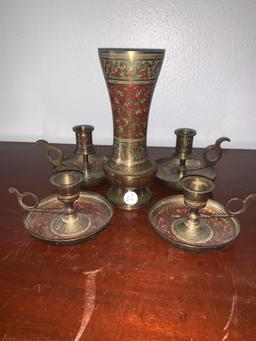 Brass Five-piece Candle-holder and flower vase set
