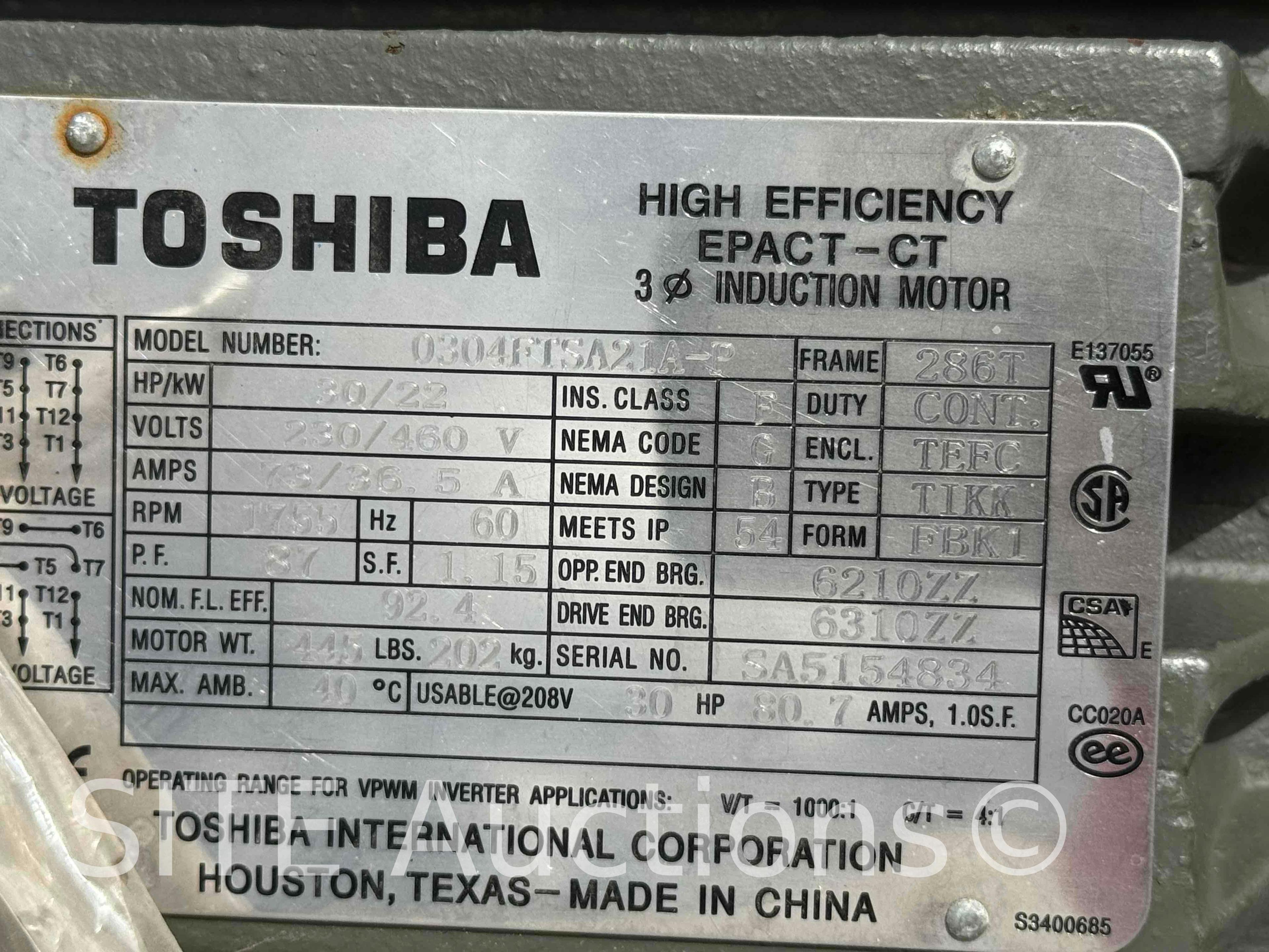 Toshiba 30HP Electric Motor -UNUSED