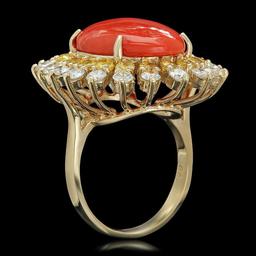 14K Yellow Gold 8.0ct Coral 1.79ct Sapphire and 1.47ct Diamond Ring