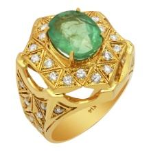 14k Yellow Gold 4.79ct Emerald 1.10ct Diamond Ring