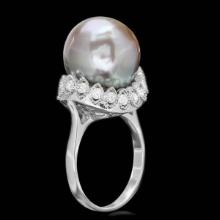 14K White Gold 14mm Tahitian Pearl and 0.54ct Diamond Ring