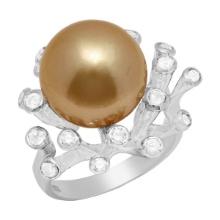 14k White Gold 15mm Pearl 0.41ct Diamond Ring