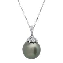 18K White Gold Setting with 15mm Tahitian Pearl and 0.27ct Diamond Pendant