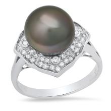 18K White Gold Setting with one 10mm South Sea Pearl and 0.50ct Diamond Ring