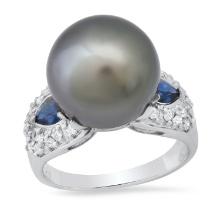 18K White Gold Setting with 14mm Black Pearl, .28ct Sapphire and 0.40ct Diamond Ring