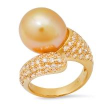 18K Yellow Gold Setting with 12mm South Sea Pearl and 0.81ct Diamond Ladies Ring