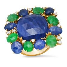 18K Yellow Gold Setting with 18.48ct Sapphire, 3.90ct Emerald and 0.81ct Diamond Ladies Ring