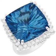 14k White Gold 27.94ct Blue Topaz 1.26ct Diamond Ring