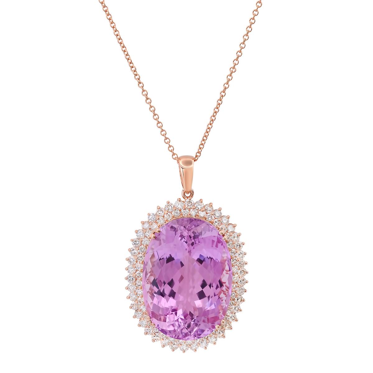 14K Rose Gold Setting with 65.0ct Kunzite and 3.52ct Diamond Pendant