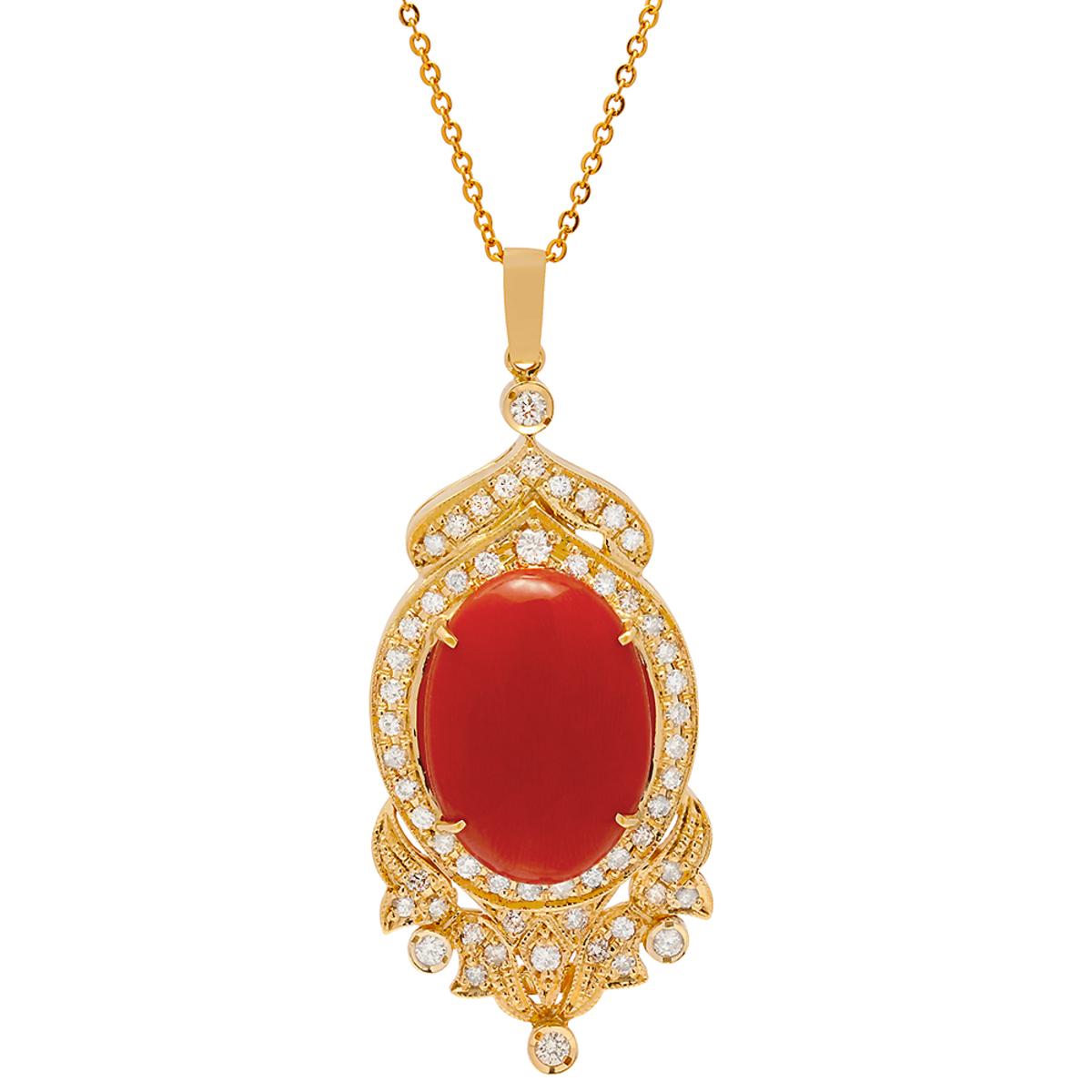 14k Yellow Gold 18.50ct Coral 1.79ct Diamond Pendant