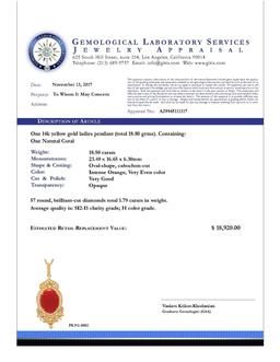 14k Yellow Gold 18.50ct Coral 1.79ct Diamond Pendant