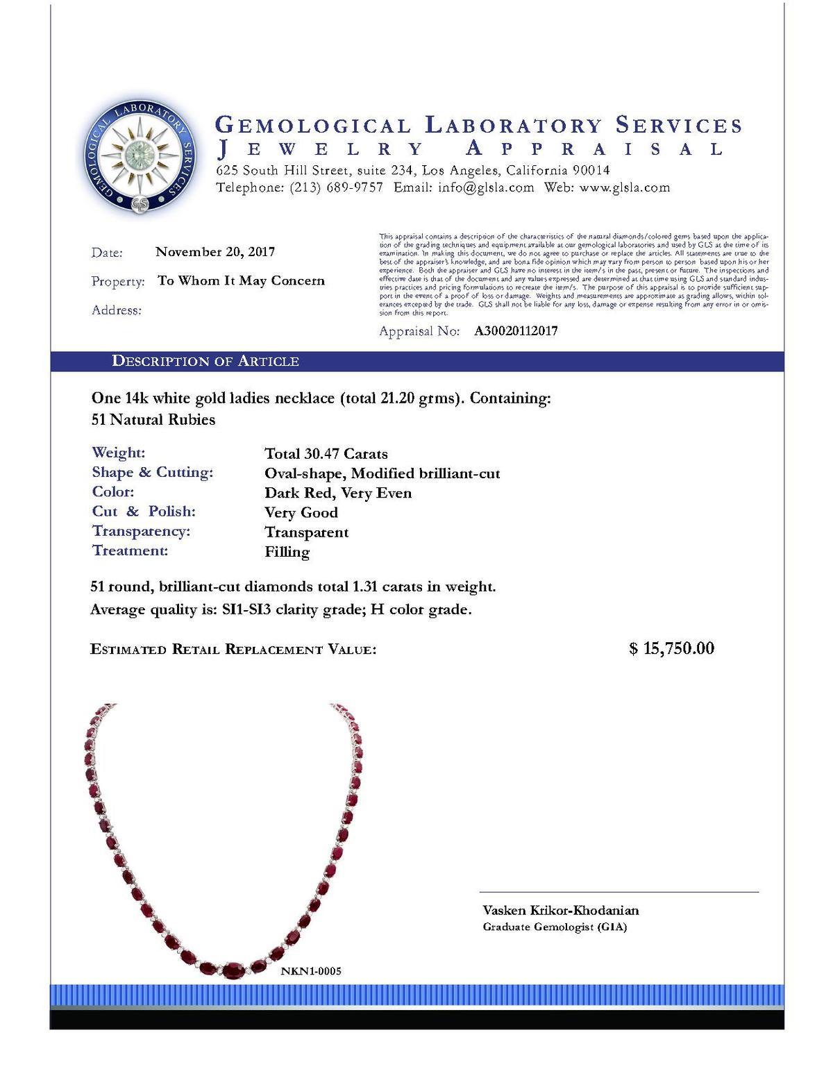 14k White Gold 30.47ct Ruby 1.31ct Diamond Necklace