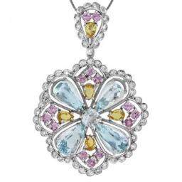 14K Gold 6.97ct Aquamarine 1.53ct Sapphire 2.43ct Beryl and 1.07ct Diamond Pendant