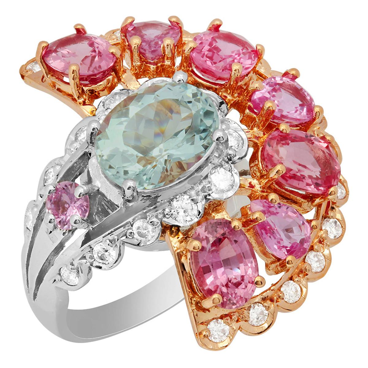 14k White & Rose Gold 2.45ct Aquamarine 5.59ct Pink Sapphire 0.82ct Diamond Ring