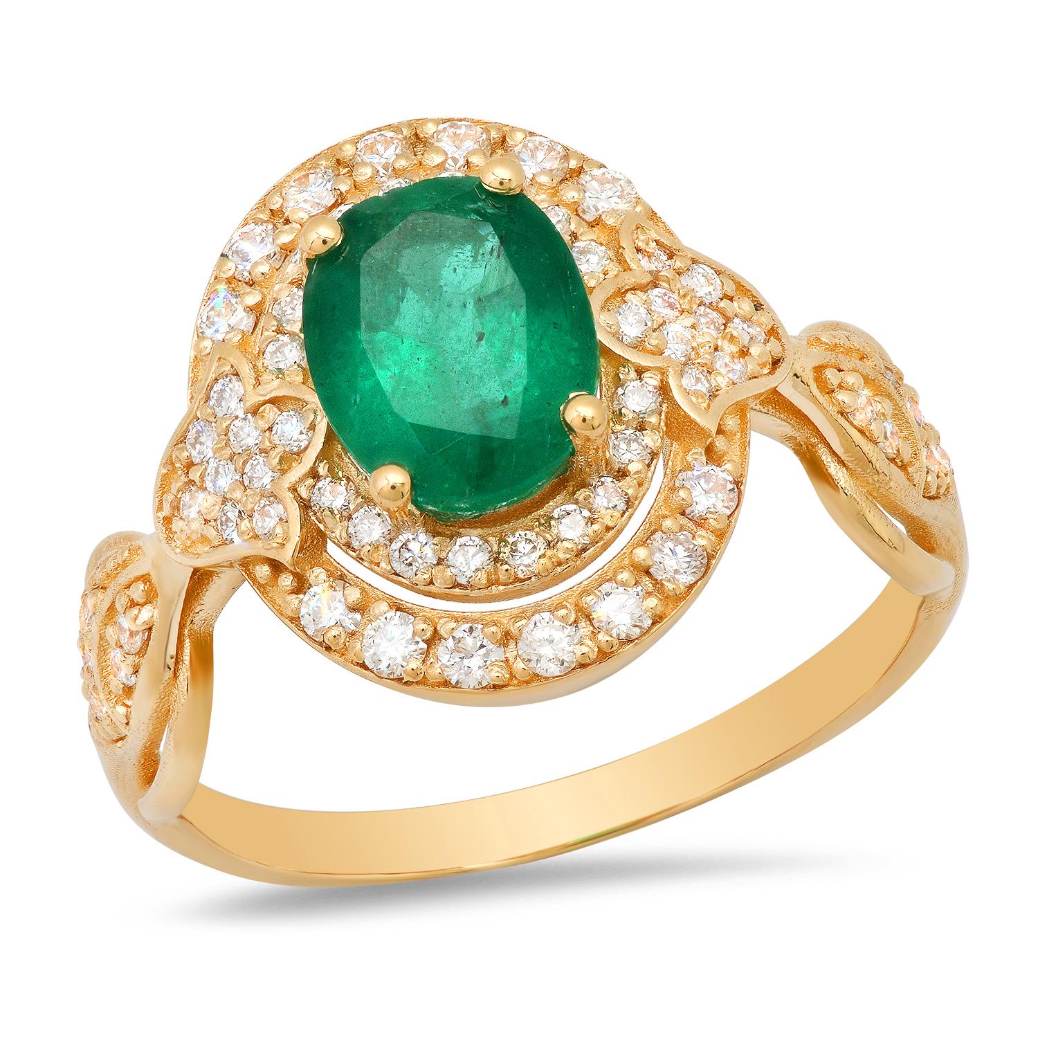 14K Yellow Gold 1.56ct Emerald and 0.56ct Diamond Ring