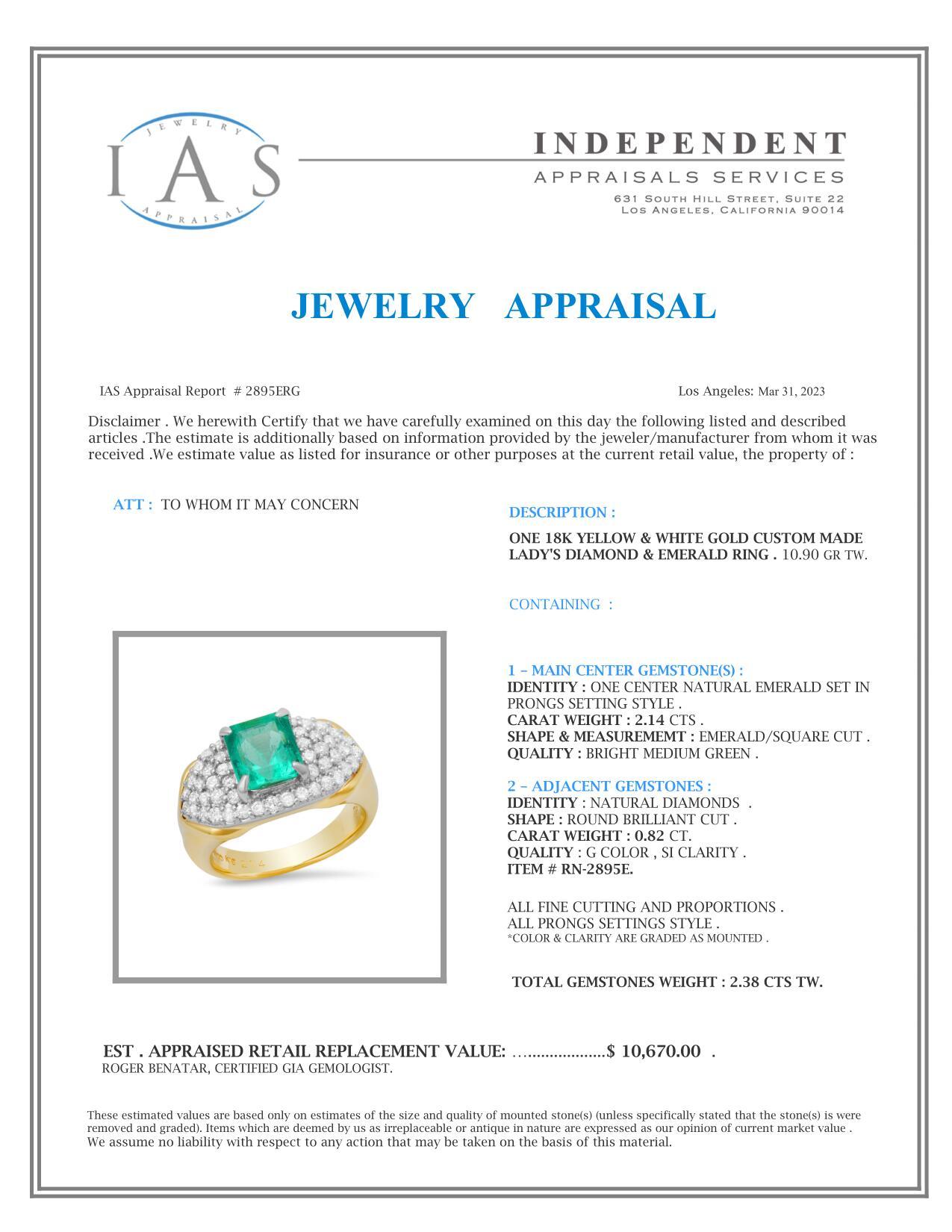 18K Yellow Gold Setting with 2.14ct Emerald and 0.82ct Diamond Ladies Ring