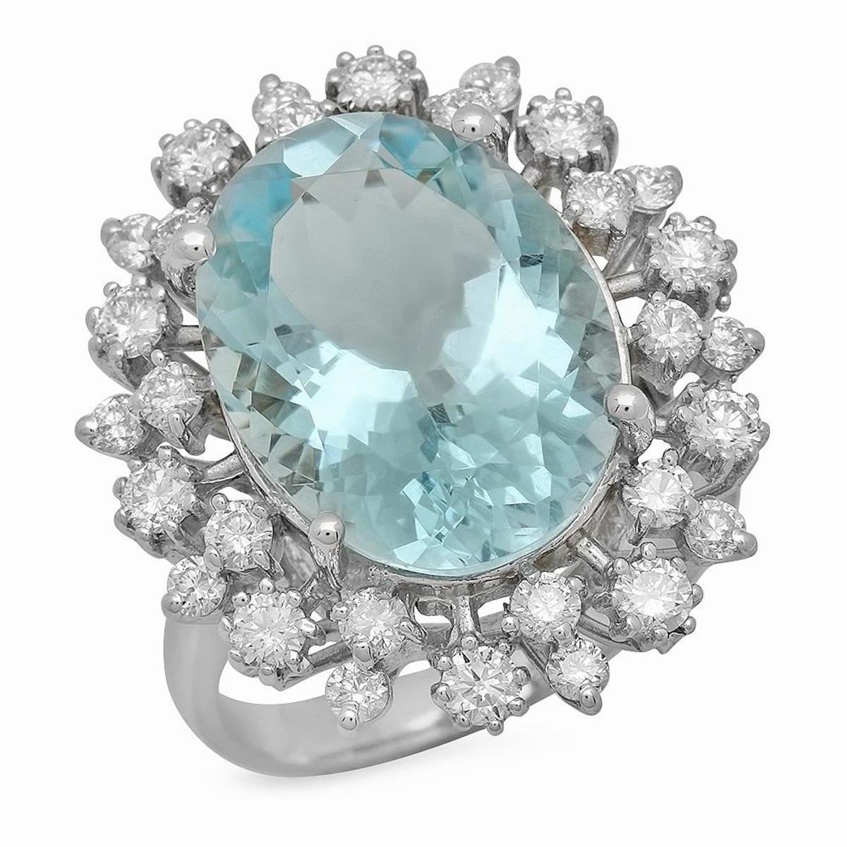 14K White Gold 8.19ct Aquamarine and 1.25ct Diamond Ring