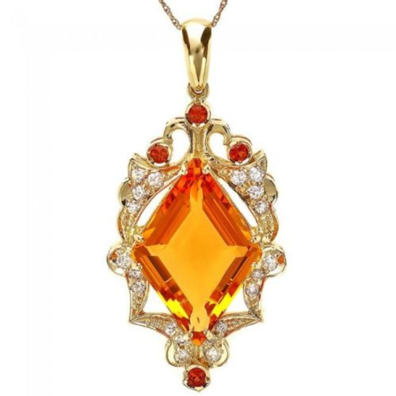 14K Gold 14.86ct Citrine 0.36ct Sapphire and 0.67ct Diamond Pendant