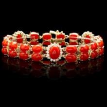 14K Gold 34.82ct Coral 1.69ct Diamond Bracelet