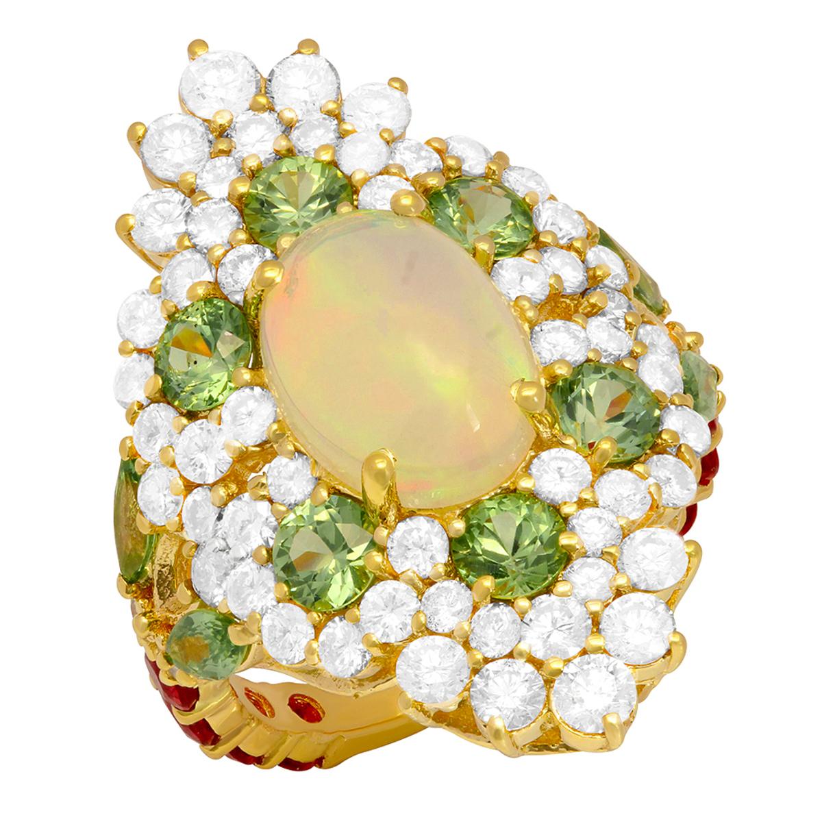 14k Yellow Gold 2.65ct White Opal 2.89ct Sapphire 2.52ct Diamond Ring